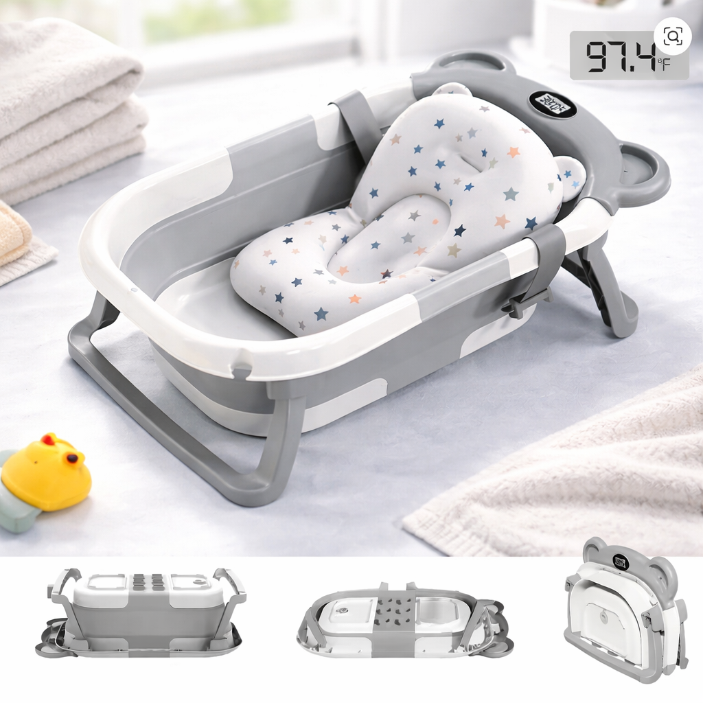 Tragbare, faltbare Babybadewanne mit Thermometer und schwimmendem Liegekissen