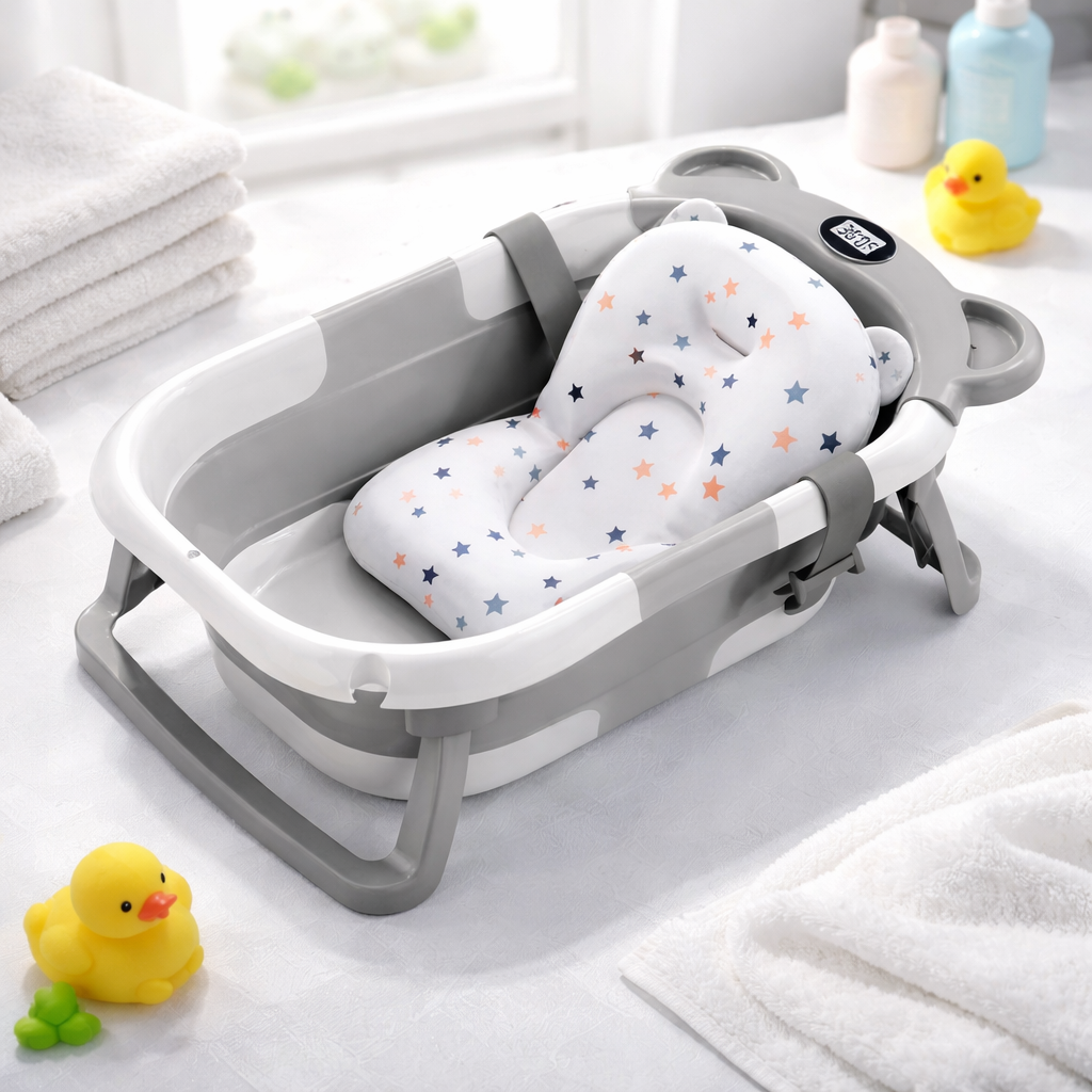 Tragbare, faltbare Babybadewanne mit Thermometer und schwimmendem Liegekissen