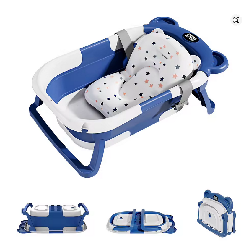 Tragbare, faltbare Babybadewanne mit Thermometer und schwimmendem Liegekissen