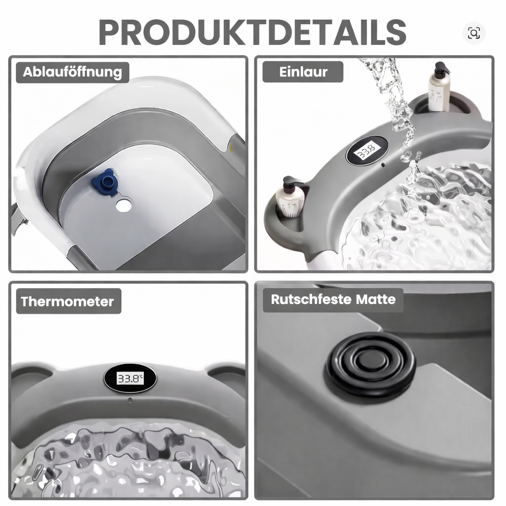 Tragbare, faltbare Babybadewanne mit Thermometer und schwimmendem Liegekissen