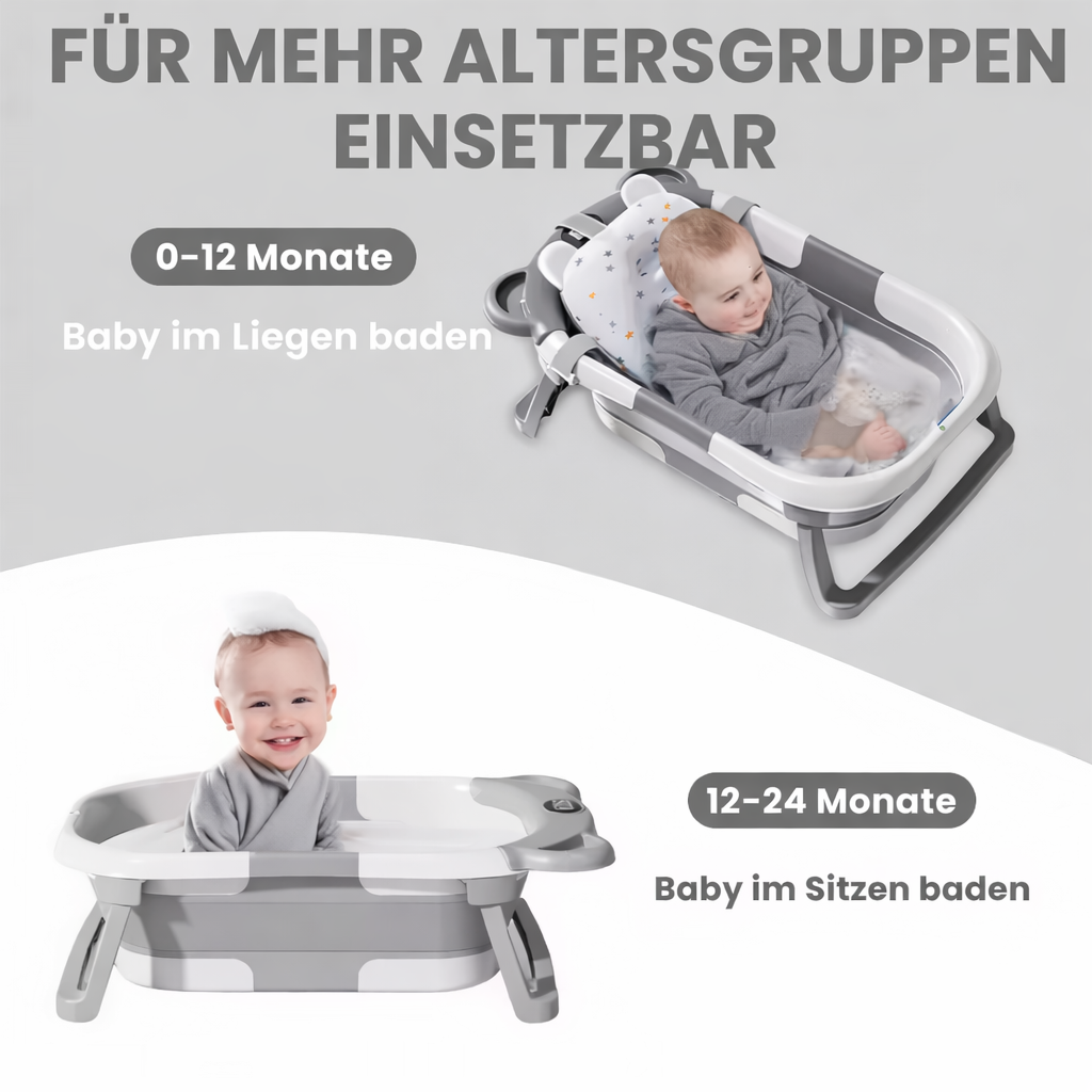 Tragbare, faltbare Babybadewanne mit Thermometer und schwimmendem Liegekissen