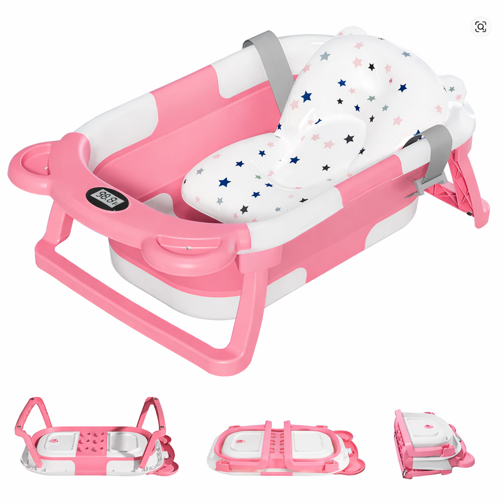 Tragbare, faltbare Babybadewanne mit Thermometer und schwimmendem Liegekissen